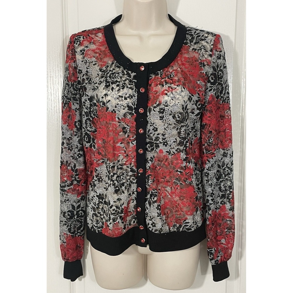 Joseph Ribkoff Sheer Lace Floral Top M Black Red Whimsigoth Fairy Dark Romantic